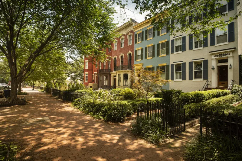 Colorful row of homes and brick sidewalk with tree cover